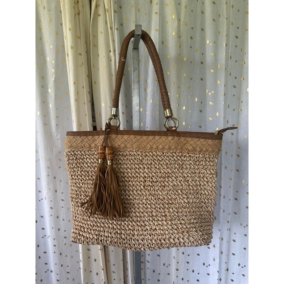 Giani Bernini Natural Marled Straw Dual Tassel Tote Handbag Shoulder Bag - Picture 2 of 9